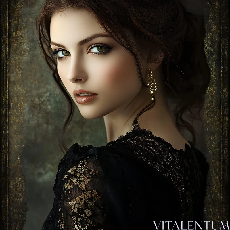 Portrait of a Woman with Green Eyes and Gold Earrings AI Image