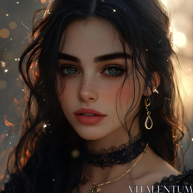 Elegant Female Portrait with Freckles and Jewelry AI Image