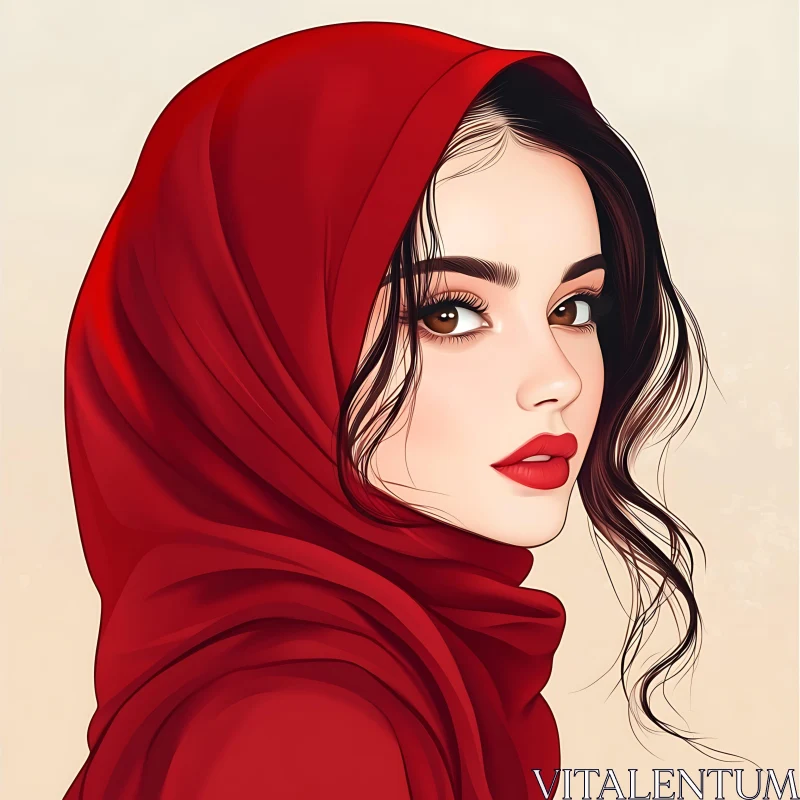 Digital Art of Woman in Red Hijab AI Image