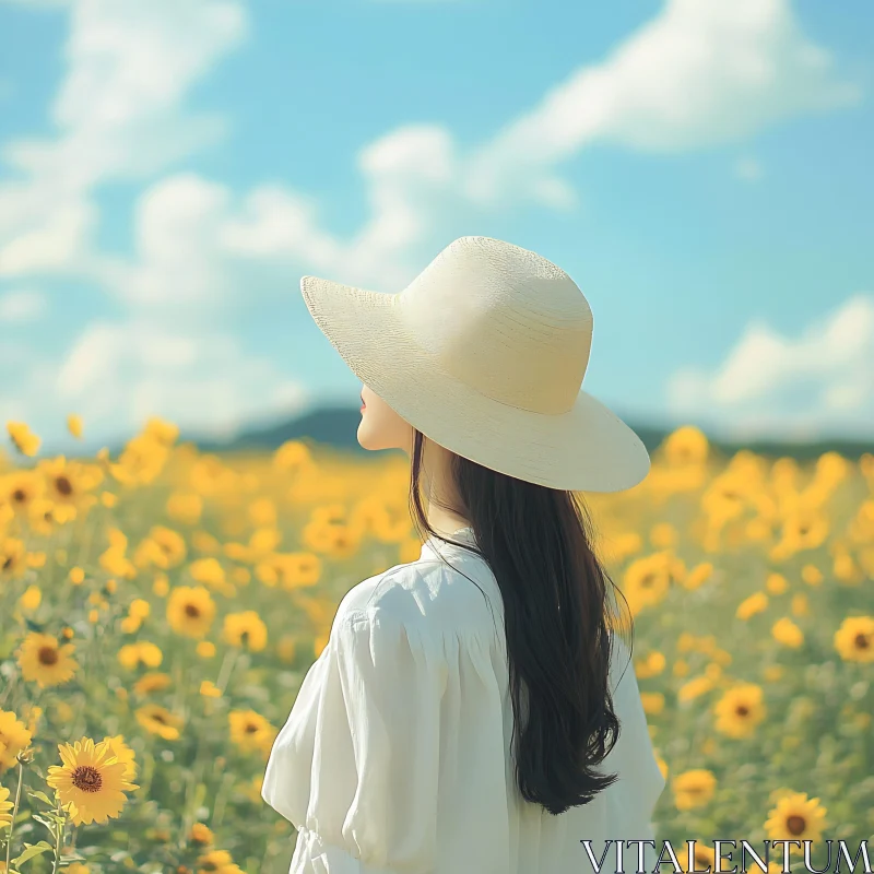 Lady Among Sunflowers in Summer AI Image