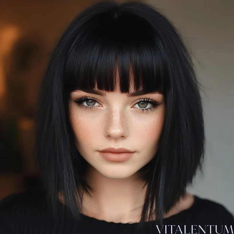 Portrait of a Woman with Freckles and Black Hair AI Image