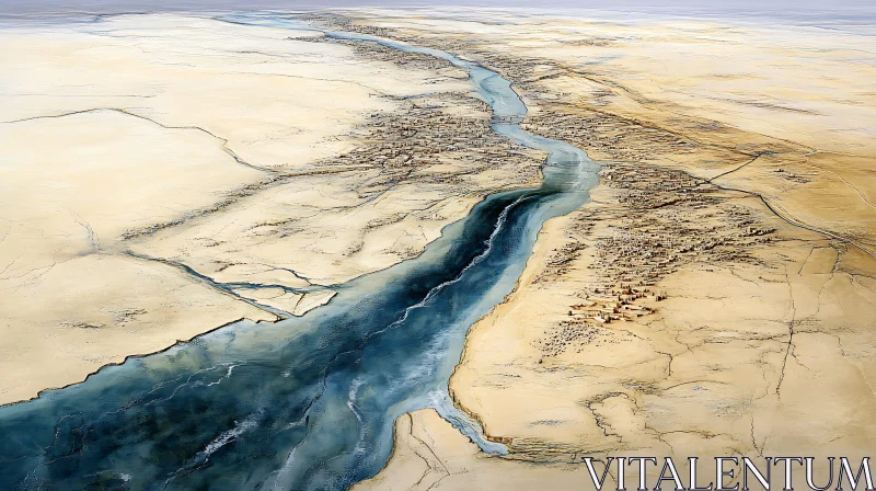 Ancient Desert Landscape with River and Settlements AI Image