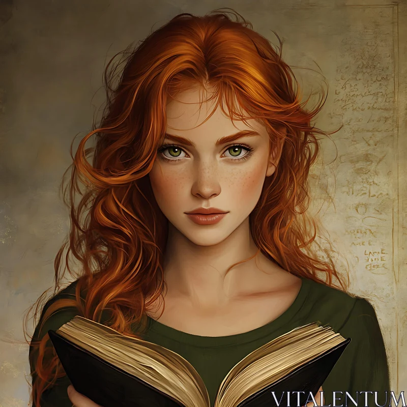 AI ART Serene Red-Haired Woman with Book Portrait