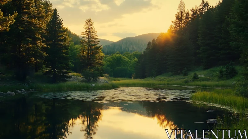 Tranquil Lake with Reflections of Trees and Hills AI Image