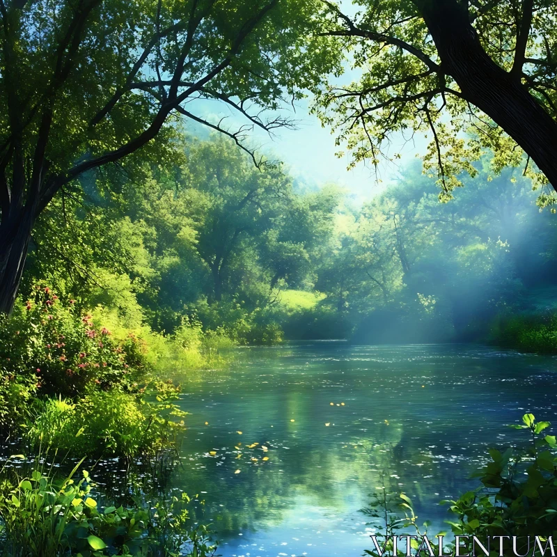 Peaceful Lakeside with Sunlit Trees and Foliage AI Image