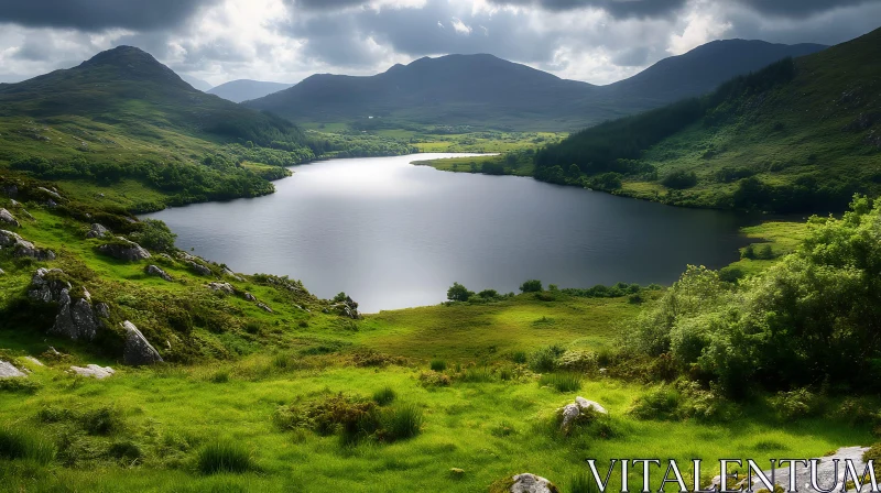 Tranquil Lake Reflecting Lush Greenery and Mountains AI Image