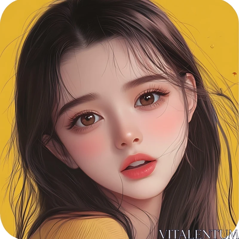 Anime Girl with Expressive Eyes and Yellow Background AI Image