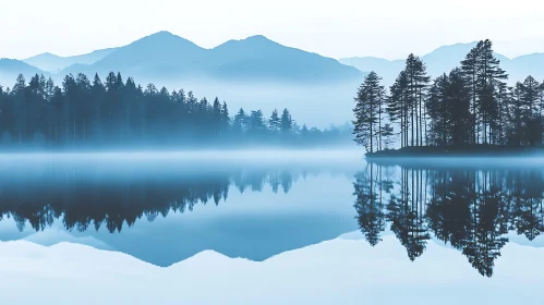 Serene Misty Morning at Forest Lake with Mountain Views