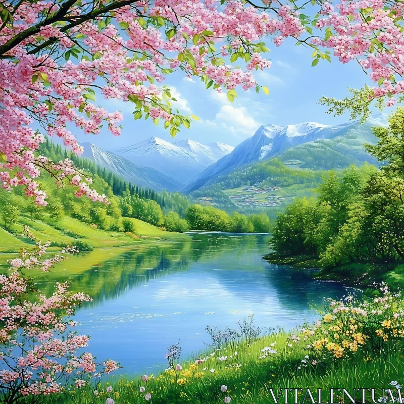 Tranquil Nature Landscape with Blossoms and Mountains AI Image