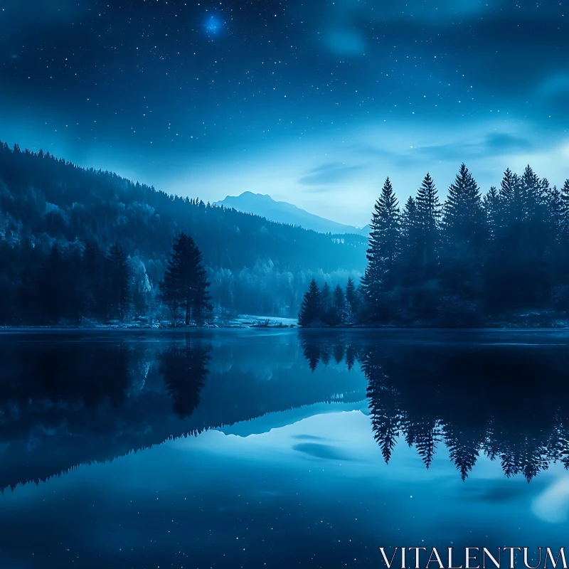 Peaceful Night by the Lake with Trees and Stars AI Image