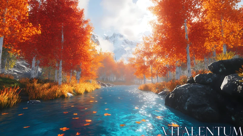 Peaceful Autumn Scenery with River and Mountains AI Image