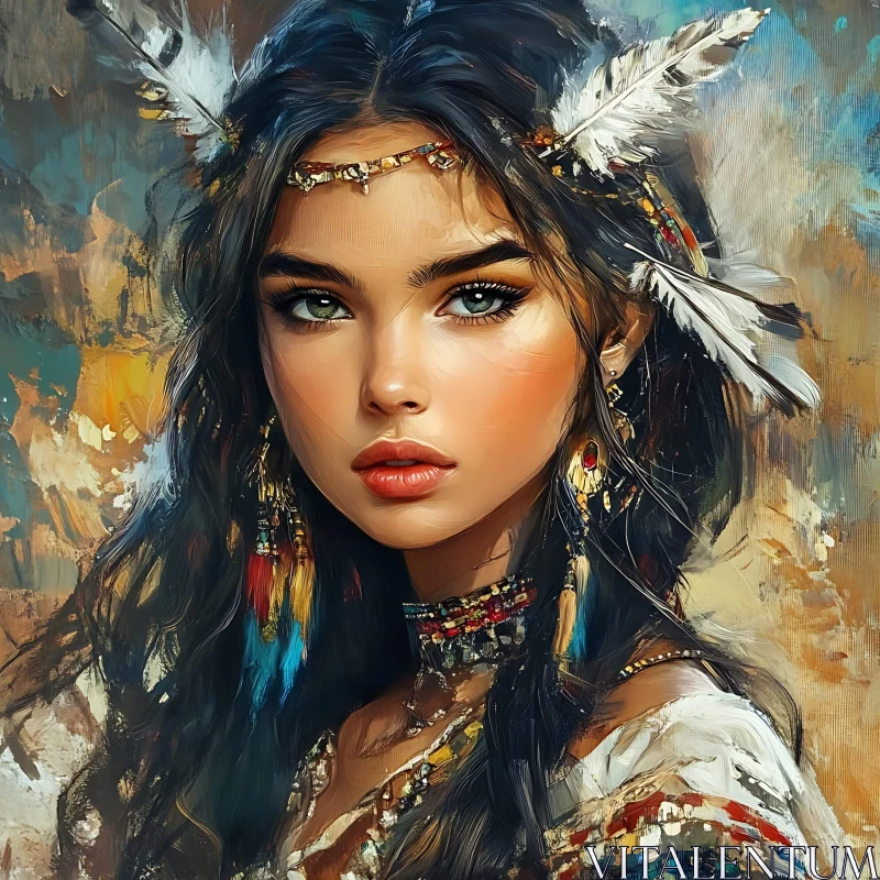 Expressive Painting of Woman with Feather Adornments AI Image