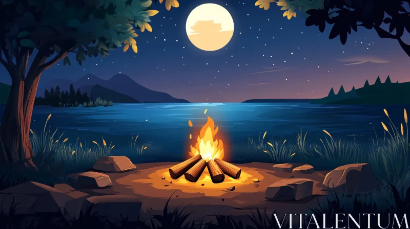 AI ART Serene Moonlit Lake Night with Campfire