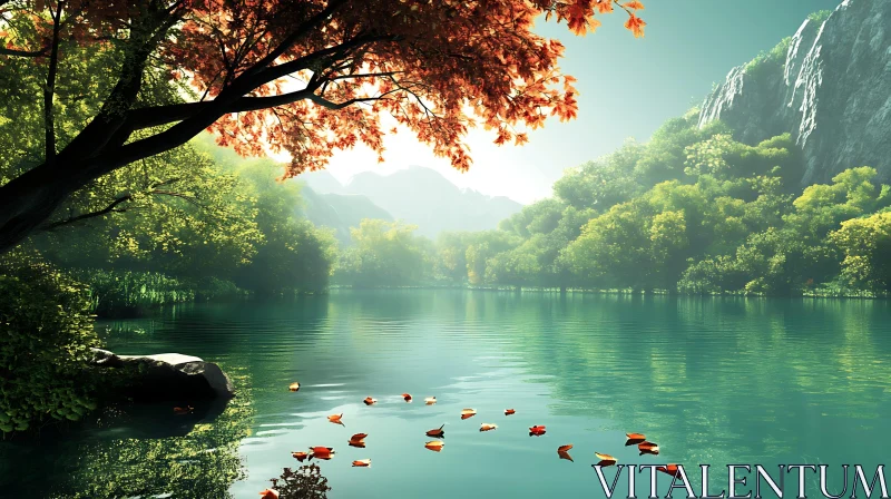 Tranquil Autumn Lake Amidst Mountains and Forest AI Image