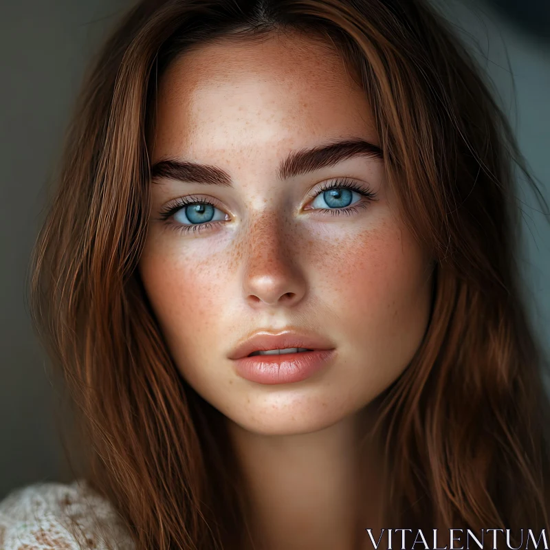 Natural Beauty Portrait with Blue Eyes and Freckles AI Image