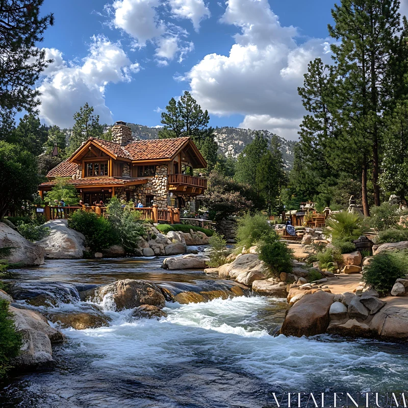 AI ART Scenic Riverfront Cabin Amid Pine Forest and Mountains