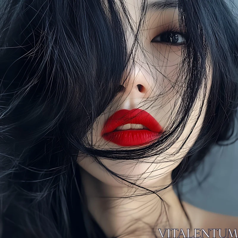 Enigmatic Close-Up of Woman's Face with Red Lips AI Image