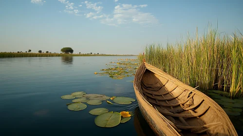 Tranquil Lake View with an Old Boat and Floating Lilies