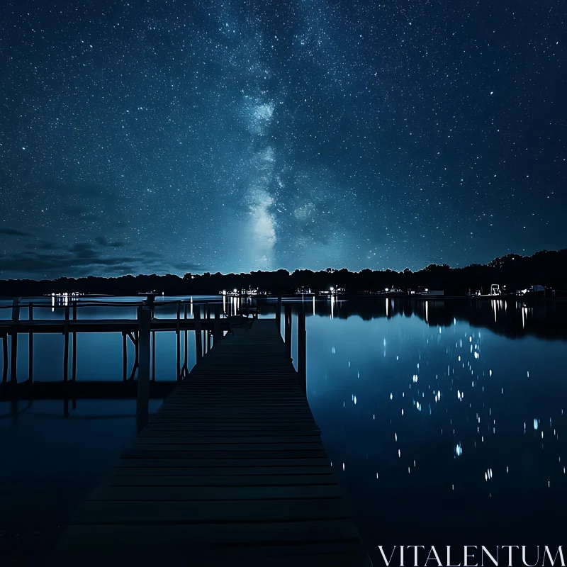 Starlit Lake and Pier Under Milky Way AI Image