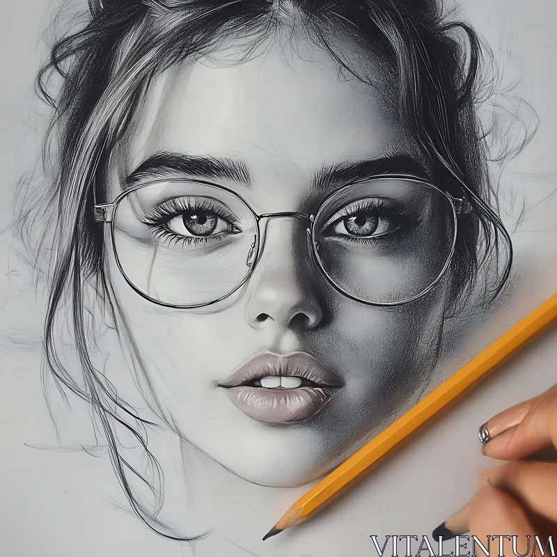 Realistic Portrait Drawing of Woman with Glasses AI Image