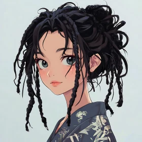 Anime Girl Portrait with Intricate Braids and Kimono