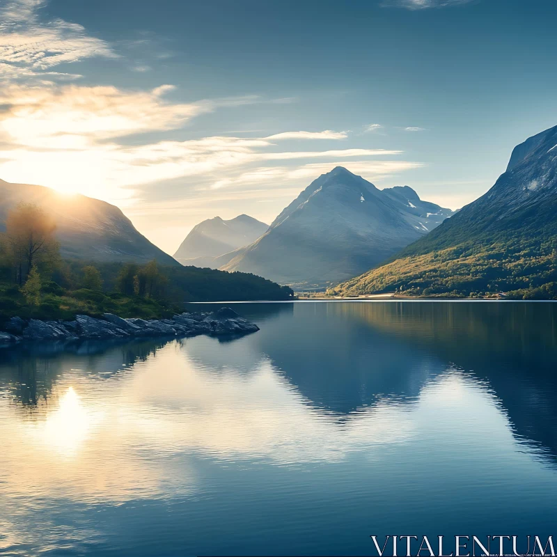 Scenic Mountain Sunrise Over Tranquil Lake Scenic Mountain Sunrise Over Tranquil Lake
