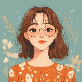 Anime Girl with Glasses and Floral Dress