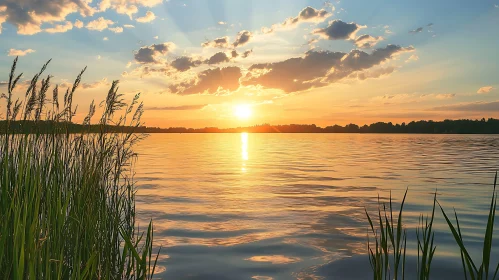Golden Sunset Lake Scene with Reeds and Clouds