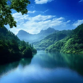 Tranquil Mountain Lake with Green Surroundings and Blue Sky