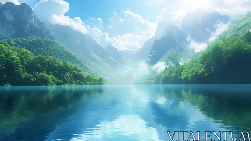 Serene Lake with Misty Mountain Views