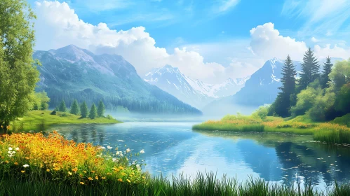 Serene Lake with Mountain View and Blooming Flowers