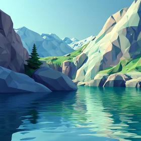 Geometric Landscape with Lake and Mountains
