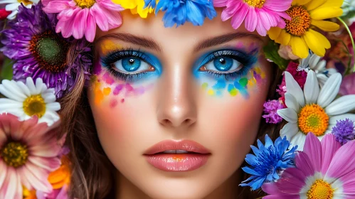 Vibrant Flower Adorned Woman with Artistic Makeup