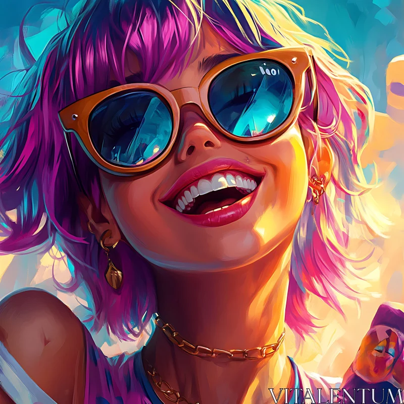 Smiling Woman in Sunglasses and Purple Hairstyle Smiling Woman in Sunglasses and Purple Hairstyle
