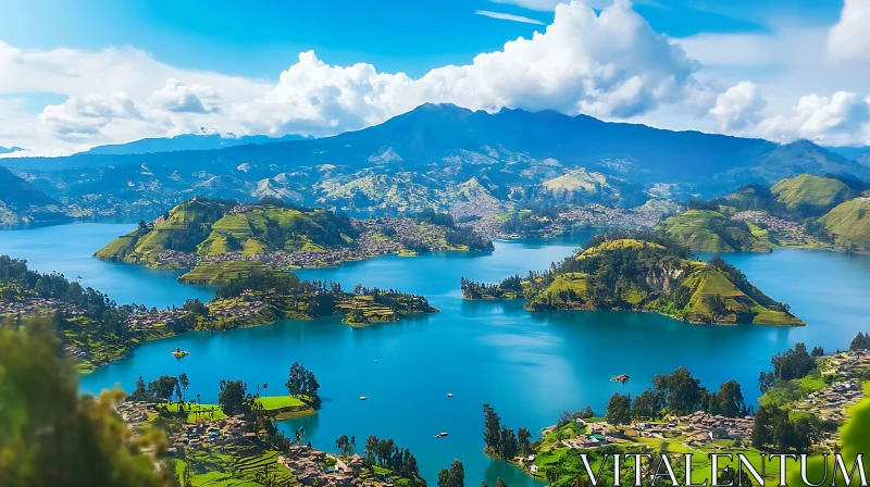 Majestic Lake Among Green Hills and Mountains AI Image