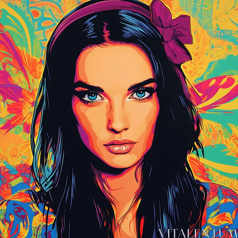 Colorful Pop Art Woman with Blue Eyes and Floral Background Colorful Pop Art Woman with Blue Eyes and Floral Background