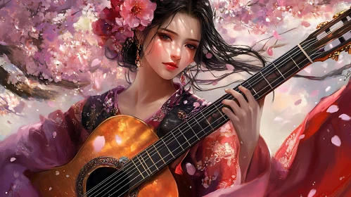 Woman with Guitar in Blooming Cherry Blossom Scenery