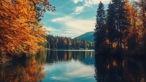 Serene Autumn Lake Scene with Golden Trees and Mountains