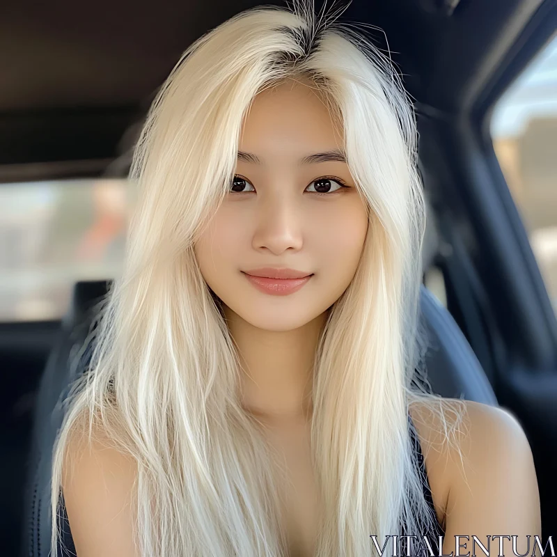 Portrait of a Smiling Blonde Woman in a Car Portrait of a Smiling Blonde Woman in a Car