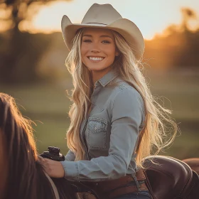 Radiant Cowgirl Enjoying Sunset on Horse