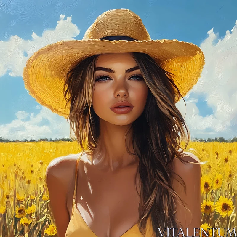 Sunflower Field Portrait with Woman in Stylish Hat Sunflower Field Portrait with Woman in Stylish Hat