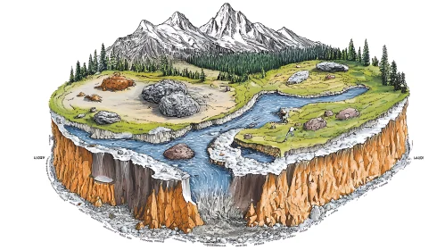 Nature Cross-Section Illustration with River and Mountains