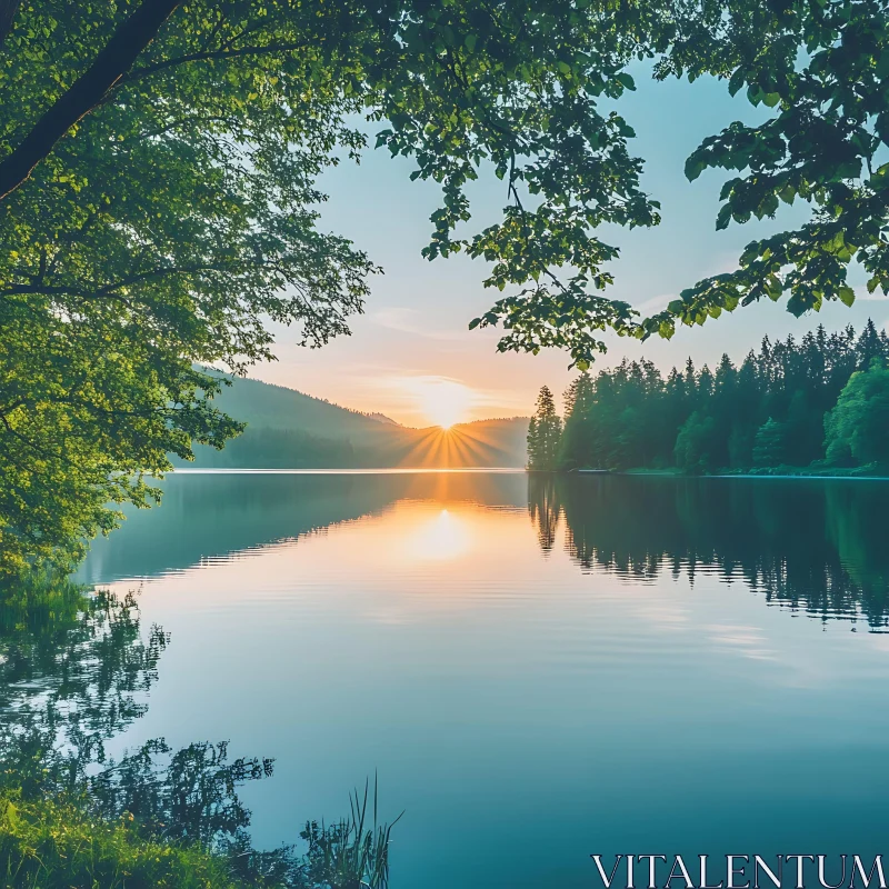 Peaceful Sunset Lake Reflection AI Image