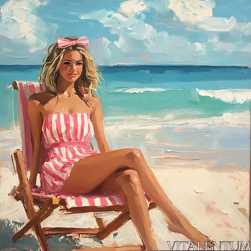 Sunny Beach Day with Woman in Pink Stripes AI Image