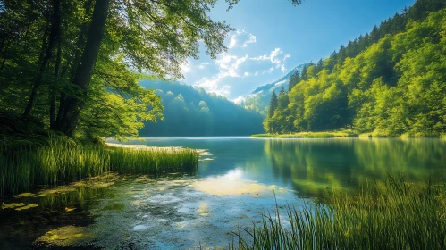 Idyllic Forest Lake with Sunlit Foliage