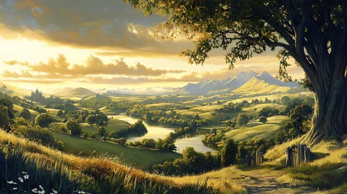 Serene Valley Sunset with Grand Tree and Castle