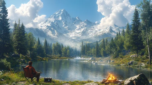 Serene Lakefront Campfire in the Mountains