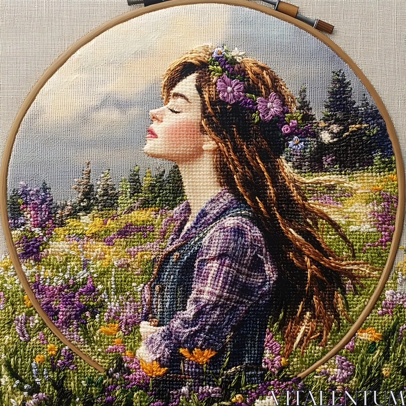 AI ART Peaceful Woman Embroidered Portrait in Floral Field