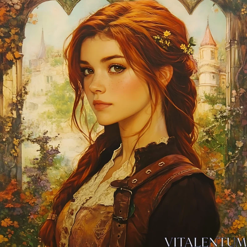 Fantasy Medieval Woman with Red Hair and Castle Background AI Image