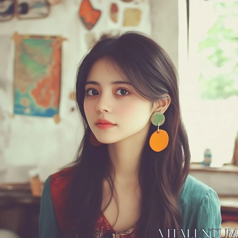 Portrait of Woman with Large Orange and Green Earrings AI Image